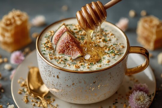 A delicious creamy smoothie bowl with fig and honey drizzling