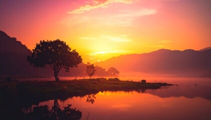 Vibrant sunset over calm lake with tree silhouettes and mountain landscape