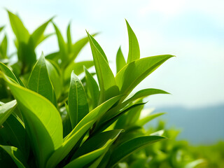 Naklejka premium Fresh green leaves against a bright blue sky