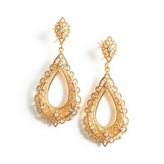 Ornate Gold Teardrop Earrings Vector — Black and White Illustration of Filigree Jewelry with White Stones and Floral Accents