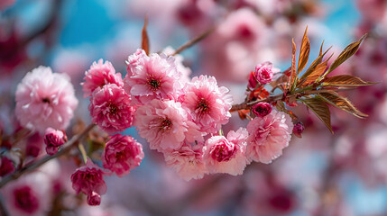 Delicate pink blossoms on a flowering tree branch, bathed in sunlight against a soft blue sky, capturing nature's gentle beauty.