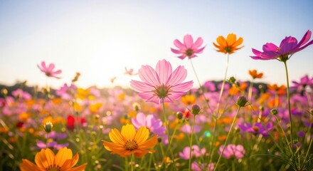 Obraz premium Vibrant field of cosmos flowers in soft sunlight