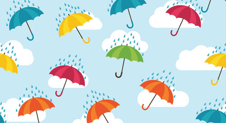 Colorful umbrellas floating in the sky above clouds with rain falling.