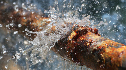 Leaking Pipe: A damaged, corroded pipe bursts open, spraying water everywhere, showing the urgency and consequences of infrastructure neglect.