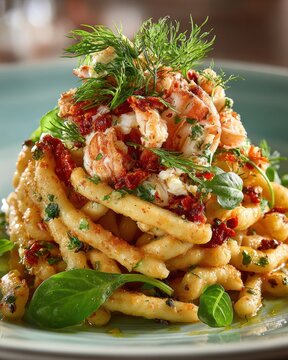 Elegant Stozzapreti Pasta Dish Garnished with Shrimp and Herbs
