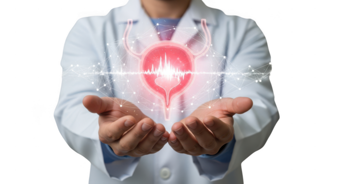 Doctor in white coat holding glowing red bladder organ with futuristic light lines and particles on black background symbolizing health and medical care