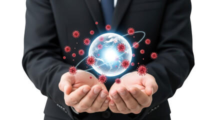 Businessman holding a glowing blue earth orb surrounded by red particles representing a virus or data network against a dark background