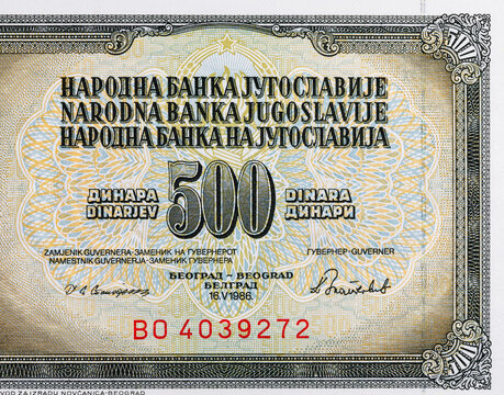 500 Dinara Yugoslavia banknote 1986 with the image monument to Nikola Tesla in Niagara Falls. Vintage money of Yugoslavia.