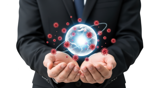 Businessman holding a glowing blue earth orb surrounded by red particles representing a virus or data network against a dark background