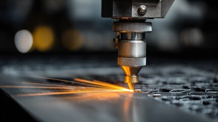 Stunning photo of close up of laser cutting machine cutting metal with sparks flying.