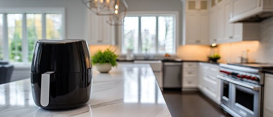 A sleek cooking device sits on a clean kitchen surface, surrounded by fresh apples and minimalist decor, highlighting efficiency and health