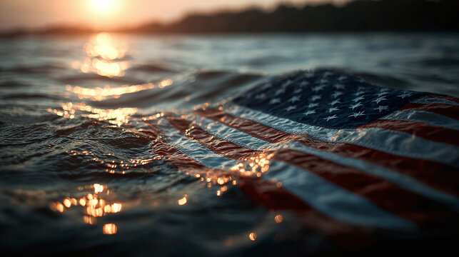 An American flag rests gently atop water, reflecting sunset hues. A poignant image evoking patriotism and resilience against a tranquil backdrop.