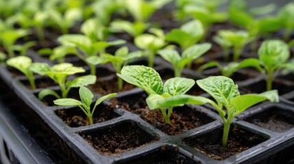 Stunning photo of close up of small green seedlings growing in a tray indoors.