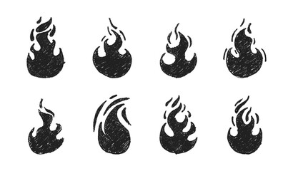 Hand drawn crayon grainy fire flame set. Abstract grunge texture shapes. Vector  EPS 10