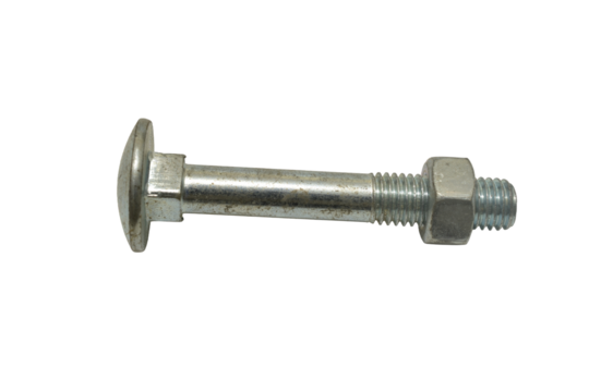 A long bolt with a tightened nut lies on a PNG background.