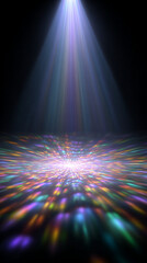 A vibrant light show bursts into action with beams of colorful light sweeping across the stage