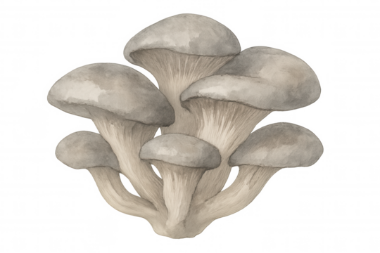 Oyster mushroom cluster watercolor illustration, edible fungus botanical drawing, food ingredient, transparent background