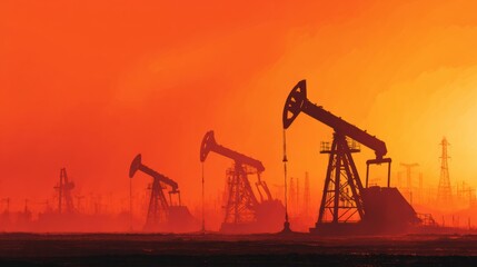 Oil Pumps Silhouette Against Vibrant Sunset Sky Displaying Dramatic Colors and Industry Landscape