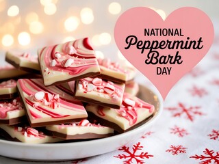 Naklejka premium Deliciously sweet peppermint bark stacked high in a white bowl with festive holiday decorations and bokeh lights