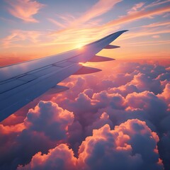 Aerial View of Airplane Wing Gliding Over Clouds at Sunset