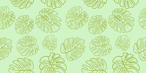Hand drawn crayon grainy monstera leaves background. Seamless tropical pattern. Abstract grunge texture shapes. Vector  EPS 10