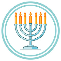 Obraz premium Menorah candelabrum with seven lit orange candles in a round blue border flat icon vector design