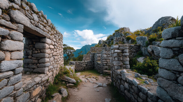 Walking through ancient stone ruins of Machu Picchu, the lost city of the Incas, beneath a bright blue sky with wispy clouds in the Andes Mountains. - Powered by Adobe