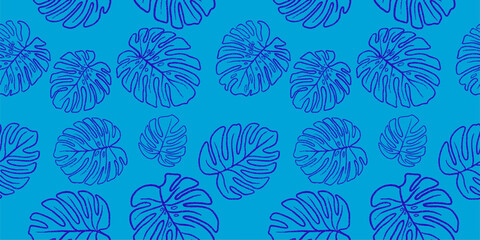 Hand drawn crayon grainy monstera leaves background. Seamless tropical pattern. Abstract grunge texture shapes. Vector  EPS 10