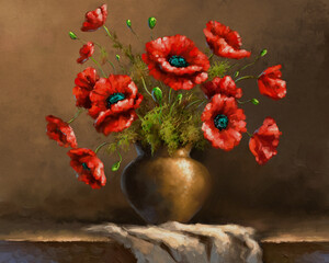 Poppies in a vase, still life. Oil Painting still life, fine art