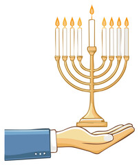 Cartoon illustration of a hand holding a golden menorah with lit candles