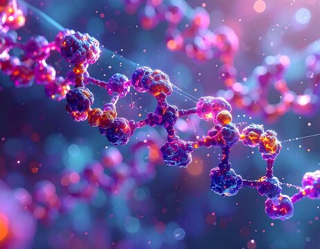 DNA double helix, vibrant colors, scientific illustration, abstract.  Bokeh effect highlights molecular structure - Powered by Adobe