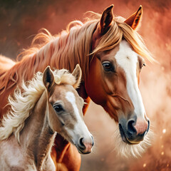 Obraz premium Photo of horses. A mare with a curly chestnut mane and a white foal with a bright orange mane, warm tones, pink pastel background, noticeable brush texture. Symbol of the New Year, the fiery horse.