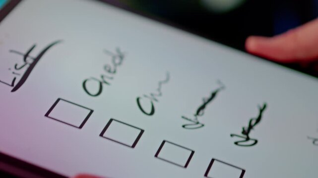 Checklist completion task done digital productivity. Close-up of hand using stylus to mark completed task on digital checklist, symbolizing progress, focus and effective time management