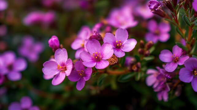 Stunning photo of closeup of delicate pink boronia flowers in full bloom in the garden.