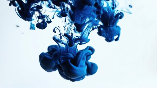 Deep indigo ink droplets swirling and diffusing in water