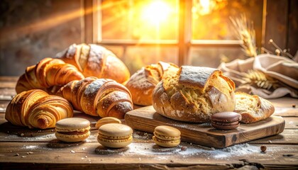 Freshly baked bread and pastries on wooden table with bright sunlight