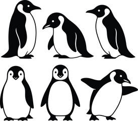 Naklejka premium Six Penguin Silhouettes In Various Poses On White Background