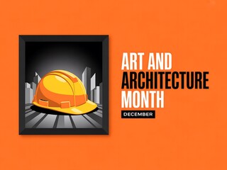 Orange hard hat displayed in a black frame with art and architecture month text on orange background