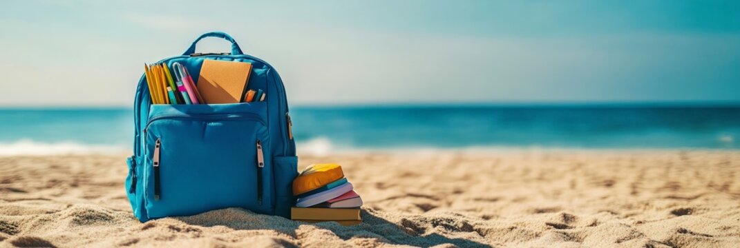 Blue backpack filled with school supplies like pencils and notebooks resting on a sandy beach with the ocean in the background, signaling the end of summer vacation