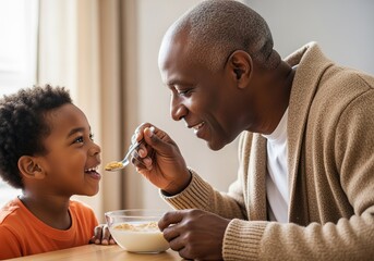 Grandfather feeding cereal to smiling grandson at breakfast table