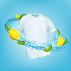 White t-shirt with lemon-scented fabric softener or laundry detergent. Vector illustration.