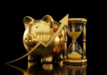 Golden piggy bank and hourglass with upward arrow symbolizing financial growth