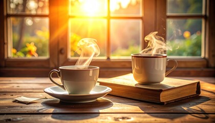Warm beverages on wooden surface near window with morning sunlight