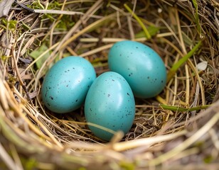 Obraz premium Three teal-colored eggs nestled in a bird's nest