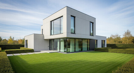 Stunning Minimalist Modern House Architecture with Expansive Lawn and Hedging
A clean, striking exterior shot of a contemporary two-story residential house featuring minimalist architecture
