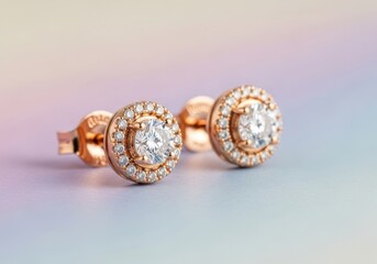 Rose gold halo diamond stud earrings on a pastel background