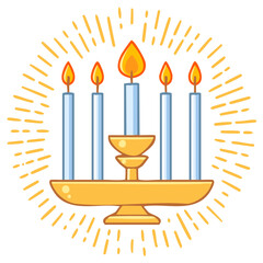 Obraz premium Five lit blue candles on a golden menorah with bright light rays