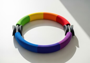 Rainbow colored bracelet with black clasps on a white surface