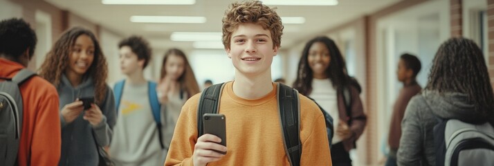 Happy high school student using a smartphone while walking in a busy school hallway, surrounded by his classmates, returns to school after summer break