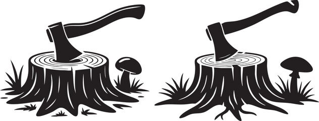 Axe in a Tree Stump Silhouette wood mushroom black and white illustration set, forestry lumberjack woodcutting logging nature outdoors tool